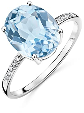 OROVI Damen Goldschmuck, Ring aus Weißgold mit 10 Diamanten 0.04 ct und Solitaire Edelstein himmelblauer Topas 3.13 ct Geburtsstein 9K (375) Gold, Verlobungsring