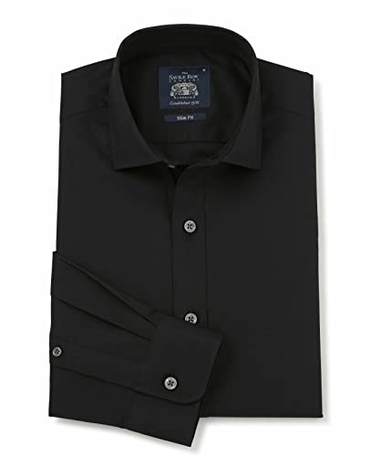 THE SAVILE ROW COMPANY LONDON Men's Slim Fit Stretch Cotton Poplin Long Sleeve Casual Shirt - Black - Large