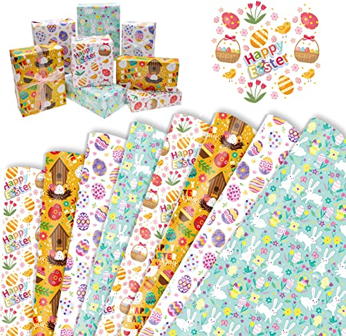 HOWAF 8 Ostern Geschenkpapier Ostern Kinder, Ostergeschenkpapier Oster Geschenkpapier Osterhase Osterhasen Geschenkpapier Ostereier Osterküken Geschenkpapier für Ostern Geschenke Verpackung, 50x70 CM