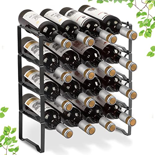 Bomclap Scaffale per vino impilabile a 4 ripiani per 8-16 bottiglie di vino, supporto autoportante in metallo per contenere bevande alcoliche, nero