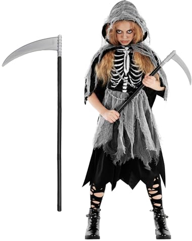 Morph Kostüm Sensenmann Mädchen, Halloween Verkleidung, Sensenfrau Kinder, Ideal für Gruselfeste, L