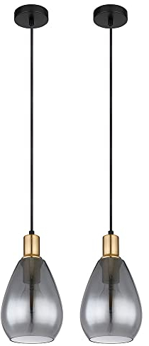 GLOBO Pendelleuchte Hängelampe rauchglas Wohnzimmer 1 Flammig schwarz Deckenleuchte hängend, Metall messing, E27 Fassungen, DxH 15x120 cm, 2er Set