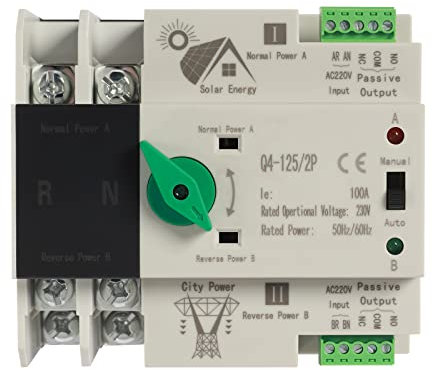 Automatischer Dual Power Umschalter AC 230V 2P 100A ATS PC 1.37 Zoll-DIN Schienen Installation,Netz Umschalter Netzumschalter,für Generator, Solarstrom, Wechselrichter,USV