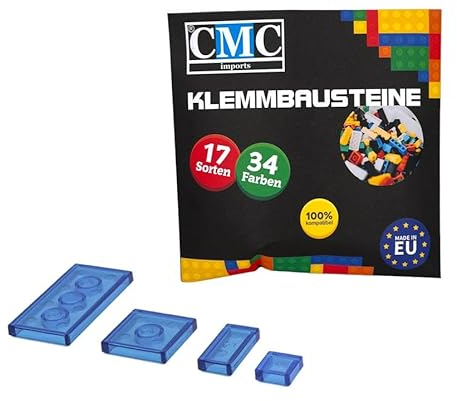 CMC imports 120 Klemmbausteine Fliesen Tiles 34 vers. Farben zur Auswahl Bausteine 1x1 1x2 2x2 2x4 Kacheln Noppen Kompatibel (192 - Blau Transparent)