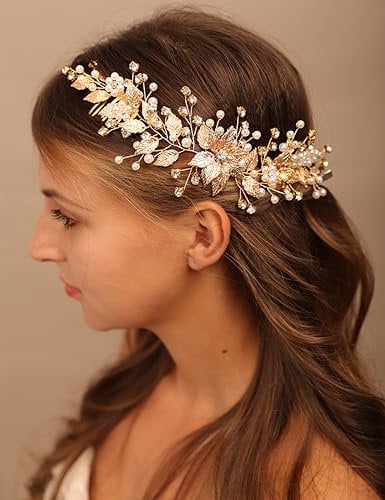 BERYUAN Pearls Leaves Crystal Side Hair Comb Pearls Flower Crystal Wedding Headband Gold Rose Gold Bride Headpiece Wedding Hair Accessories Bridal Headpiece for Wedding Women Girls (gold)