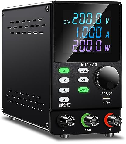 RUZIZAO Fuente de Alimentación Regulable 200V 1A Programable para Mesa de Laboratorio con Software Para PC, Mando Codificador, Almacenamiento en Memoria, Interruptor de Salida, Botón de Bloqueo