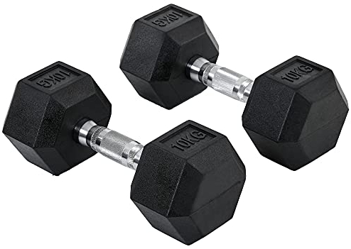 HOMCOM Set di 2 Manubri da 10 kg Esagonali, Coppia di Pesi per Palestra con Presa Antiscivolo e Rivestimento in Gomma, Nero