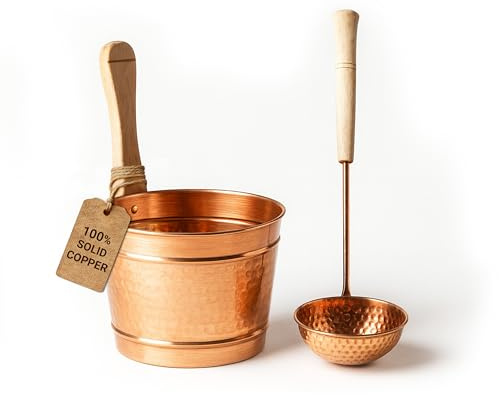 ALFIQ Kupfer Sauna Eimer mit Kelle 3.5L, Handgefertigter Saunakübel, Gehämmertes Aufguss Set mit Holzgriff, Premium Saunazubehör für Zuhause