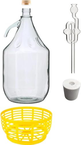 lilawelt24 Glasgärballon Set| 5L Korbflasche + Gummistopfen + Gärrohr |Weinballon Gärballon Glasflasche Gärbehälter| Glasballon für Wein Bier Meat (1)