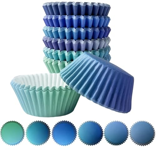 Gcardist 300 Stück Standard-Muffinförmchen Cupcake-Becher 6 Designs Blaue Muffinpapier-Backförmchen Cupcake-Hüllen (Standardgröße)
