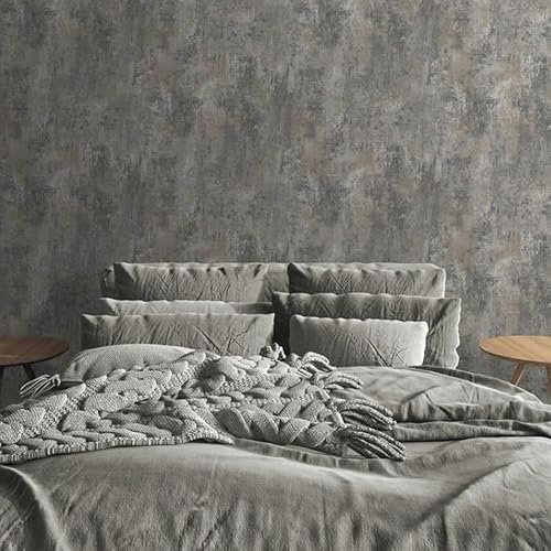 SOPHIE LAURENCE Cove Textured Charcoal Wallpaper – 10 X 0.53 M Roll - Industrial Concrete Effect with Metallic Gold Accents