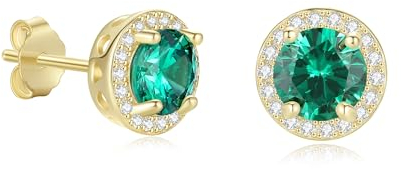 GAVU Boucles d'Oreilles Argent 925 Femme, Clous d'Oreilles Plaqué Or, Clous d'Oreilles Zircon Cubique Émeraude