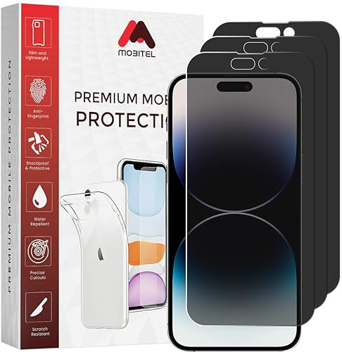 Mobitel 3 Pack Privacy Glass Screen Protector for iPhone 14 Pro Max 6.7 inch 9H Hardness Bubble Free Shatter Free, Anti Spy, Anti Scratch, Privacy Angle, Case Friendly Easy Installation