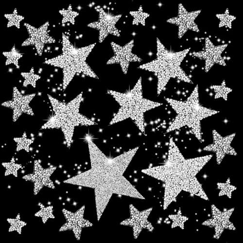 32 Stück Bügelbilder Stern Patches zum Aufbügeln,Glitzer Strass Flicken zum AufbüGeln,Stern Bügelbilder für Textilien,Bügelflicken Patches für Kleidung Kleid Hosen Jeans Hüte Taschen(Silber)