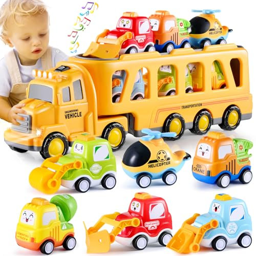 Doloowee BAU-LKW-Spielzeugautos für Kleinkinder von 3–5 7-in-1-Reibungskraftfahrzeug-Spielzeug für 3 4 5 und 6 jährige Jungen, Autoset für Jungen und Mädchen im Alter von 3–9 Jahren