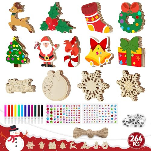 Holzanhänger zum Bemalen Weihnachten, 264 Stück Holzanhänger Christbaumschmuck, DIY Weihnachtsdekoration holz mit Juteseil und Marker, weihnachtsbasteln kinder Holz Basteln Weihnachten Kinder