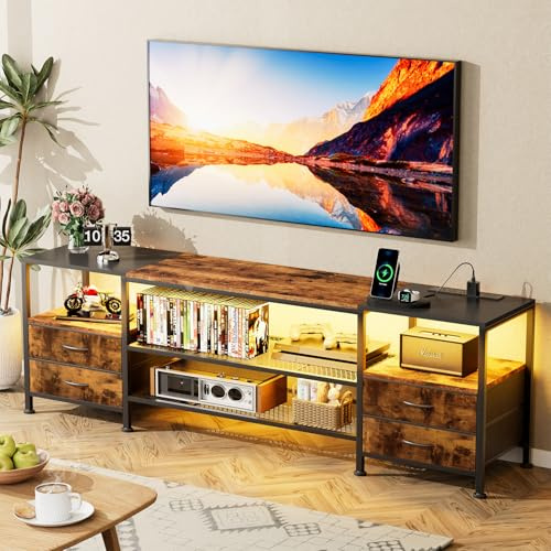 Chleby Commode en Tissu avec 4 tiroirs Meuble TV avec Prise et Bande Lumineuse LED Rangement en Tissu Cuir pour Salon, Chambre à Coucher, Chambre d'enfant Marron
