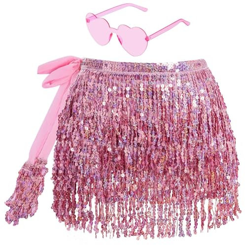 Glitzer Rock Damen Fransen Rock Glitzer mit Hippie Brille Mini Latein Rock Kurz Bauchtanz Kostüm Rave-Kostüm für Frauen Mädchen (DE/NL/SE/PL, Alphanumerisch, Einheitsgröße, Regular, Regular, Rosa)