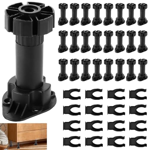 YAYODS Lot de 32 pieds réglables - 100-120 mm - Noir - socle en plastique avec pince - Charge maximale : 200 kg