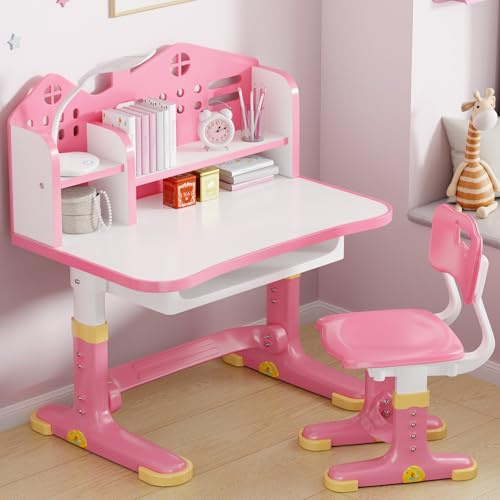 Xaperexi Kids Desk and Chair Set, Height Adjustable Child's School Study Writing Tables, Kids Desk with Bookstand and Storage Drawer, Widened Desktop with Desktop for Boys and Girls