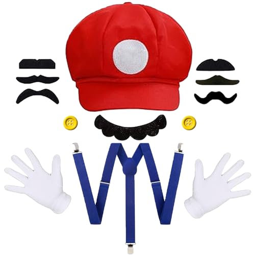 KEELYY Mari Kostüm Accessories Set, Rot Mütze Handschuhe Bart gelbe Knöpfe für Kinder Damen Herren Cosplay Fasching Karneval Halloween Mottoparty