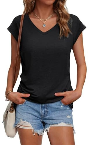 Suncife Womens Summer Casual Loose Fit T Shirt Cap Sleeve V Neck Tshirts Tops (Black,S)
