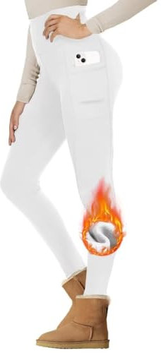 Gayhay Thermo Leggings Damen Winter Mit Taschen, Gefütterte Thermohose High Waist Hose Warm Blickdicht Strumpfhose Für Sport Weiß L/XL