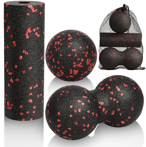 LOPHE Faszienball Set, 3 Stück Massageball und Faszienrolle set, Erdnuss Faszien Ball für Muskelschmerzen Verspannungen Osteopressur Massager Faszientraining(Schwarzer + Roter Punkt)