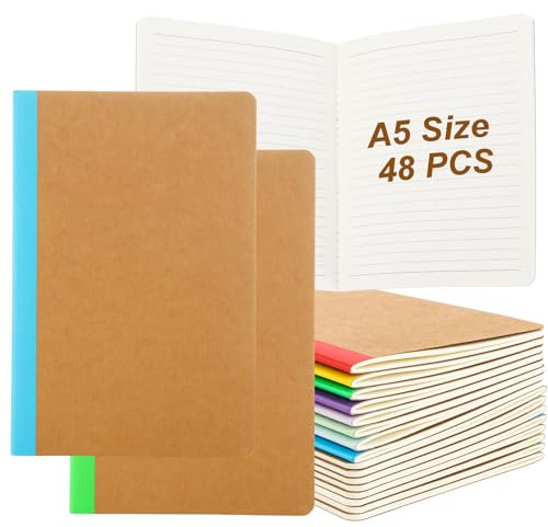 APACALI 48 Stück Notizbuch A5 Blanko, 60 Seiten (30 Blätter) Notizblock, Notizheft a5 mit Regenbogen Rücken in 8 vintagen Farben, 21x14,5cm Notizbücher für Büro und Schule, zum Zeichen, Schreiben