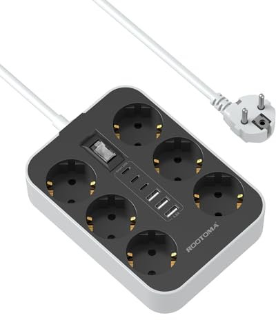 Steckdosenleiste 6-Fach mit USB (3 USB-A 3 USB-C) Mehrfachsteckdose Wandmontage, Steckdose mit Schalter und 2M Verlängerungskabel Überspannungsschutz Steckdose, Schwarz