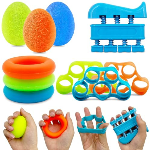 Druuzyl 10 Piezas Fortalecedor de Mano y Dedos con 3 Niveles Resistencia - Bandas Ejercitador Agarre para Rehabilitación y Música (Set)