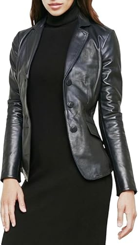 Aksah Fashion Chaqueta de piel de cordero auténtica hecha a mano de lujo para mujer, chaqueta ajustada con cierre de tres botones, color negro, Negro, XS