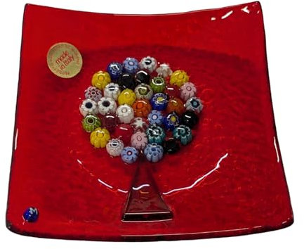 Vide-poches en verre de Murano 11,5 x 11,5 cm, arbre de vie avec Murrine Millefiori fabriqué à la main en Italie, plateau artistique en verre de Murano centre de table, plateau plat rouge transparent