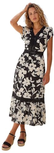 Roman Originals Paisley Lace Trim Maxi Dress for Women UK - Ladies Everyday Holiday Spring Summer V-Neckline Comfy Soft Evening Vacation Work Party - Black - Size 12