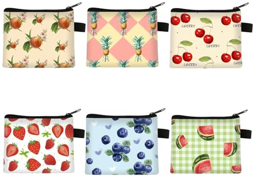 Fubuuf 6 Stück Mini Geldbörse Damen, Kleine Portemonnaie Kinder Täschchen Geldbeutel Süße Frucht Design Tragbare Münzbeutel mit Reißverschluss für Münzen, Karten, Schlüssel, Kosmetik