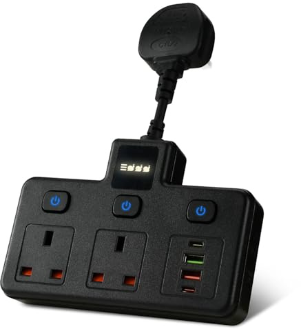 Extension Lead with 2 USB and 2 Type-C Ports, 2 Way Power Strip with Independent Switches and Night Light, Surge Protected Multi Plug Extension Socket for Kitchen Office Home, Black