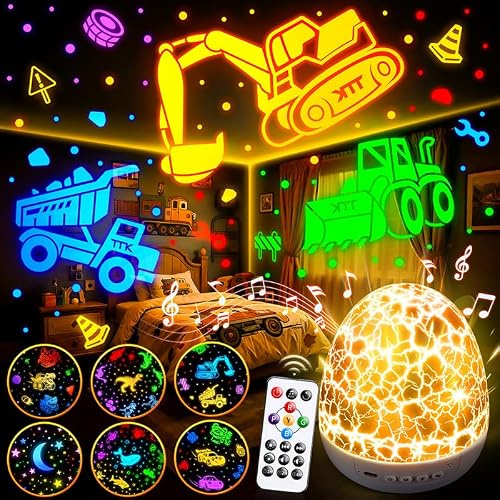 Construction Digger Car Toys for Kids, Baby Sensory Lights for Boy Gifts | 15 Sound Machine Baby Sleep Soother, 6 Films&31 Colors&Remote Control Dinosaur Egg Night Light Projector Kids Room Boys Gifts