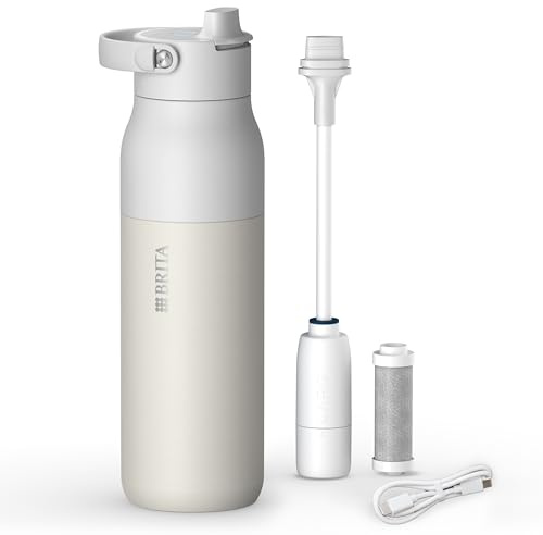 BRITA LARQ iQ Digitale Edelstahl Trinkflasche mit Wasserfilter (1000 ml) | Weiß, Hydration Tracking (BRITA App), Strohhalm, Aktivkohle Filter, UV-C, neutralisiert 99,99% Bakterien, filtert PFAS