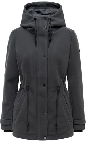 Navahoo Damen Übergangsmantel warmer Kurzmantel in Wollmantel-Optik mit Taillenzugkordeln und Kapuze Lächelstern 14 XS-3XL