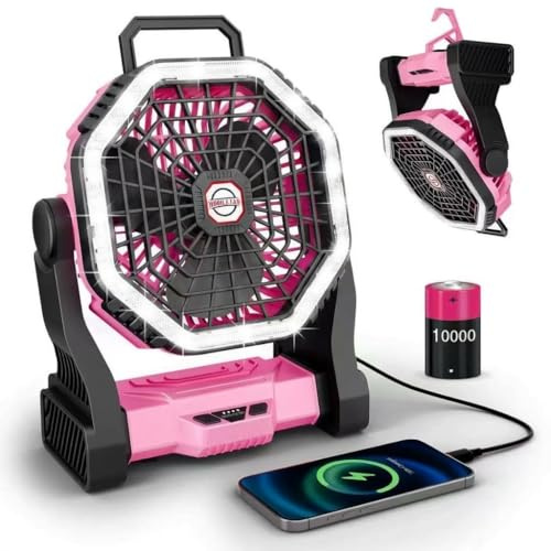 Camping Fan 10000mAh Battery Operated with Light - 4-Speed Rechargeable Tent Fan for Outdoor - Hanging Hook & Tilting Head Design - Multi-Use Desktop Cooling Fan for Camping, Hiking, Fishing (Pink)