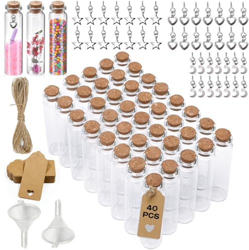 BARAKYEG 40x Mini Glasflaschen mit Korken 20ml Kleine Flaschen,Reagenzglas mit Korken Gewürzgläser klein,Kleine Glasflaschen zum Befüllen als Gastgeschenke Hochzeit mit Anhänger,Karten,Trichter,Seil