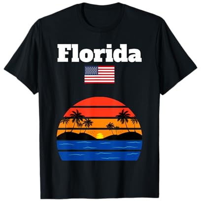 Florida Beach Souvenir Palmiers océan Coucher de Soleil Drapeau américain T-Shirt