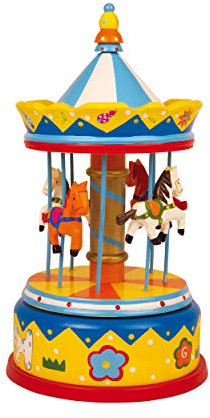 Spieluhr „Karussell Pferde“ aus bunt lackiertem Holz, spielt die zauberhafte Melodie Camelot, traumhafte Dekoration für das Baby- und Kinderzimmer