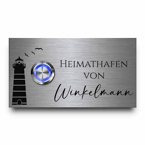 CHRISCK design - Edelstahl Türklingel mit individueller rostfreier Gravur | Klingelschild Modell Winkelmann 11x6 cm mit Namen und LED Klingelknopf | Große Motivauswahl