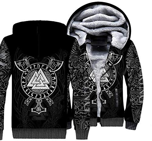 WLXW Sweat À Capuche Viking pour Hommes, Sweat-Shirt Imprimé 3D De Tatouage De Mythologie Nordique Odin, Veste Épaissie Chaude d'hiver, Costume De Couple De Hip Hop De Rue Harajuku,Valknut,5XL