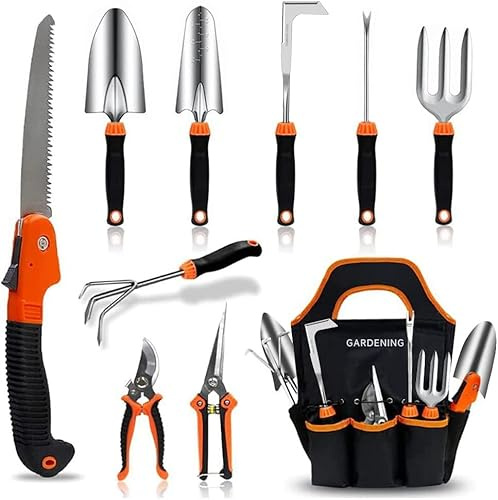 Gartenwerkzeug-Set, 10-teilig, Edelstahl, strapazierfähig, mit weichem, gummiertem, rutschfestem ergonomischem Griff, Aufbewahrungstasche, Gartenwerkzeug-Set, Geschenk für Damen und Herren