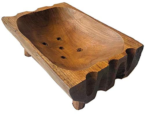 Porte-savon en bois naturel antique fabriqué à la main - Porte-savon en bois massif - Porte-éponge avec égouttage - Accessoires de salle de bain pour douche, évier de cuisine