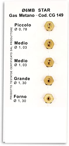 CG94 Serie da 5 Ugelli Gas Metano 6 MB Universale Diametro mm. 6Mb, Tipo (Piccolo o ausiliare 0,78-2x medio o semirapido 1,03 - Grande o rapido 1,30 - Forno 1,30)