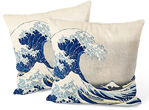 Berkin Arts Dekorative Landschaft Kunst Art Quadrat Kissenhülle 2er Set Kissenbezug 45x45cm Zierkissenbezüge Sofakissen Dekokissen Japanisch Grau Für Schlafzimmer (Hokusai-Die große Welle)