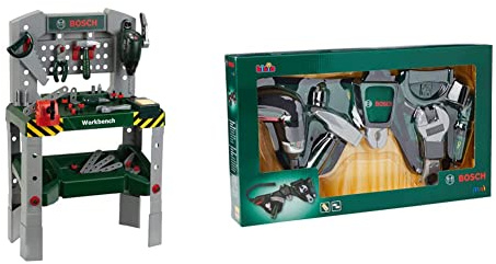 Theo Klein 8637 Bosch Workbench I 48 parts I Work Surface with Learning Function I & 8493 Bosch Tool Belt I with Ixolino Battery - Powered cordless Screwdriver and Lots of Tools I Toy
